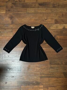 Vintage Notations Rayon Blend Black Top — Polka Dot Bow Trim - Size Large